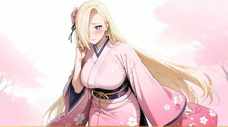 InoLongHairShipuuden, 1girl, blonde hair, hair over one eye, large breasts,  blue eyes, cowboy shot,, japanese clothes, kimono, hair ornament, blush, hair flower, pink kimono, sash, obi, floral print, wide sleeves