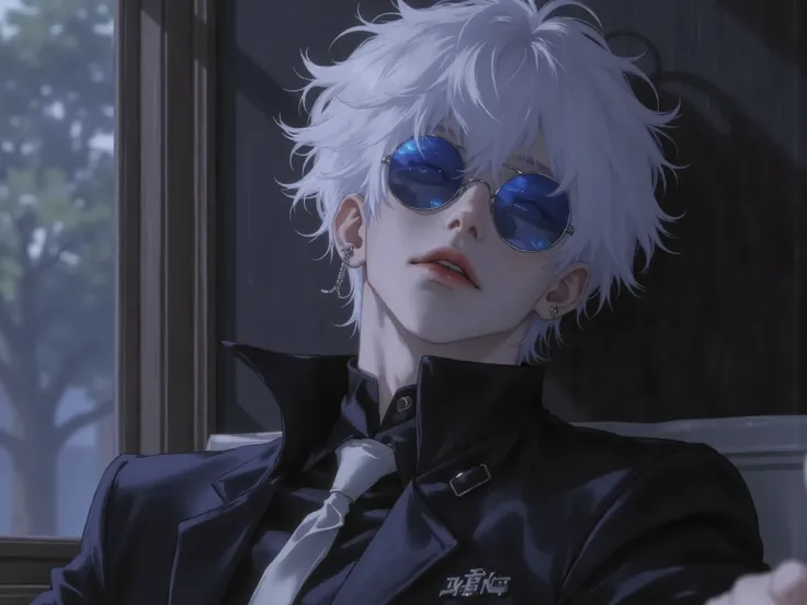 ((점수_9,점수_8_위로)), GOJO SATURO, An anime-style white-haired man in a black uniform, leaning against a wall with blue sunglasses on, relaxed pose, anime, upper body