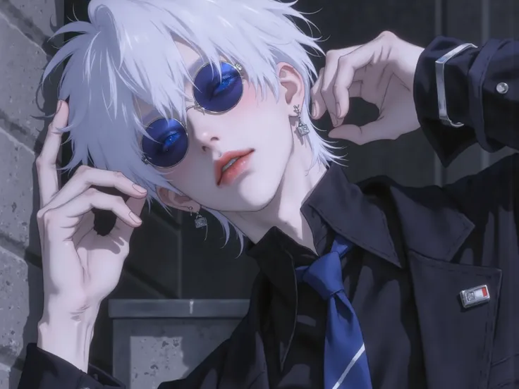 ((점수_9,점수_8_위로)), GOJO SATURO, An anime-style white-haired man in a black uniform, leaning against a wall with blue sunglasses on, relaxed pose, anime, upper body