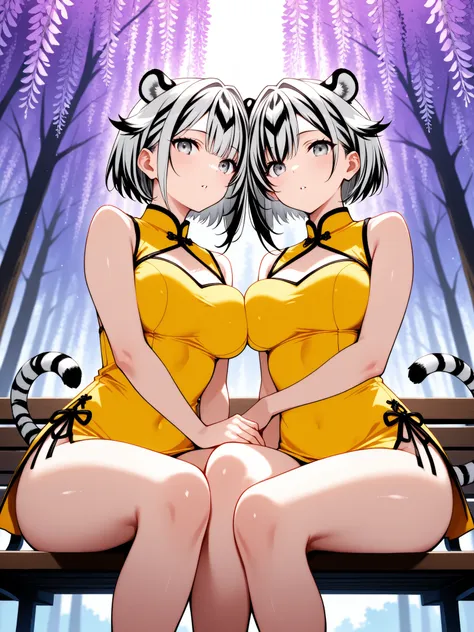 (masterpiece),(absurdres),(ultra detailed),cowboy shot,wisteria:1.2,bokeh snow,bokeh lighting,mini Cheongsam,yellow costume,((dark gray hair,adult Twins:1.1,side flaps:0.9,gray eyes),bangs,(25-years-old),(()),(asymmetrical short hair,asymmetrical short hai...