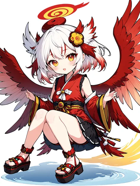 (anime:1.2),one girl、cute、Tengu girl、Sky Dog Decoration、tengu costume 、Tengu clogs、Tengu no Tsubasa、Red and black wings 、Red eyebrows、yellow porn、turime,boyish、Red Gradation on White Hair