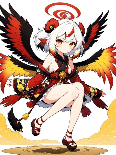 (anime:1.2),one girl、cute、Tengu girl、Sky Dog Decoration、tengu costume 、Tengu clogs、Tengu no Tsubasa、Red and black wings 、Red eyebrows、yellow porn、turime,boyish、red gradient on white hair