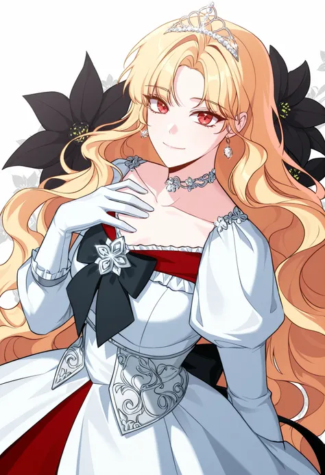 ((mfant)), masterpiece, newest, floral background, romance manhwa, 1girl, blonde hair, solo, long hair, flower, dress, tiara, white dress, gloves, long sleeves, choker, red eyes, white gloves, black bow, black flower, wavy hair, bow, jewelry, looking at vi...