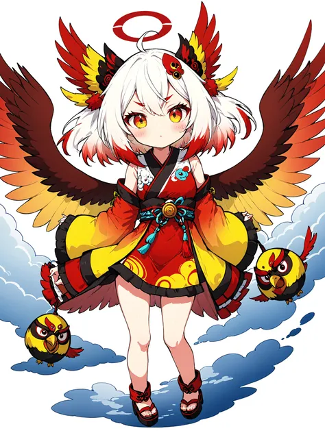 (anime:1.2),one girl、cute、Tengu girl、Sky Dog Decoration、tengu costume 、Tengu clogs、Tengu no Tsubasa、Red and black wings 、Red eyebrows、yellow porn、turime,boyish、Red Gradation on White Hair