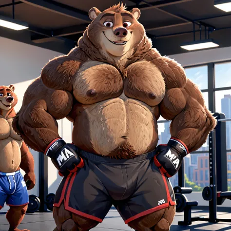 Zootopia, Disney, cartoon furry, furry, grizzly, brown fur, cute, thick huge muscular body, male, masculine, masculine body, bear, brown fur, muzzle, brown nose, black eyes, very thick, gym, smile, looking at viewer, gym, building, red eyes, stances, breat...
