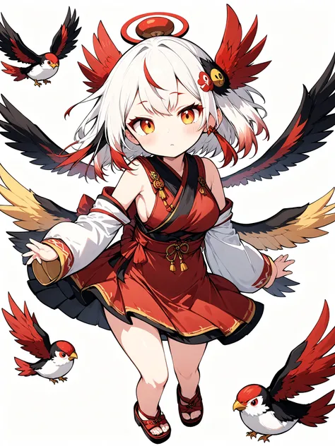 (anime:1.2),one girl、cute、Tengu girl、Sky Dog Decoration、tengu costume 、Tengu clogs、Tengu no Tsubasa、Red and black wings 、Red eyebrows、yellow porn、turime,boyish、Red Gradation on White Hair