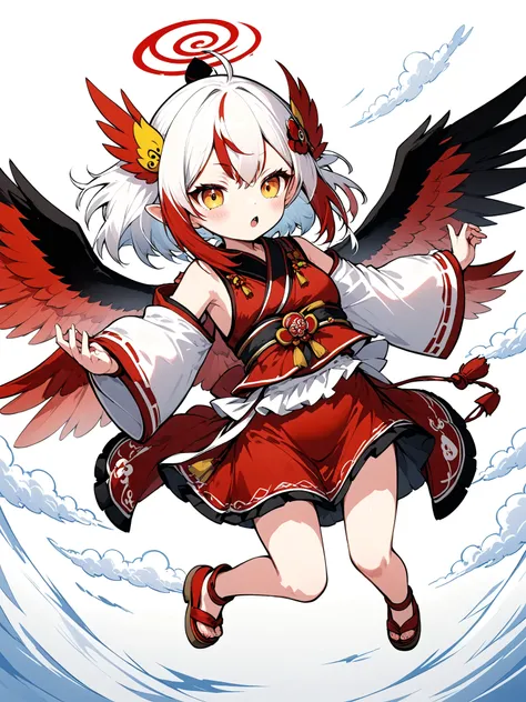 (anime:1.2),one girl、cute、Tengu girl、Sky Dog Decoration、tengu costume 、Tengu clogs、Tengu no Tsubasa、Red and black wings 、Red eyebrows、yellow porn、turime,boyish、Red Gradation on White Hair