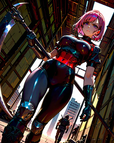 masterpiece, highest quality, 8k, solo, solo focus, highly detailed, (perfect face:1.1), (high detail:1.1), 1girl, ninja, mercenary, pink hair with red streaks, short hair, side-swept bangs, purple eyes, facial scar on right-side check, v-shaped eyebrows, ...