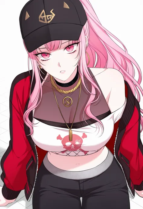 ((mgirly)), (2d, anime screencap), mori calliope, mori calliope \(streetwear\), 1girl, solo, long hair, looking at viewer, simple background, large breasts, white background, red eyes, hat, navel, cleavage, jewelry, sitting, jacket, pink hair, ponytail, ea...