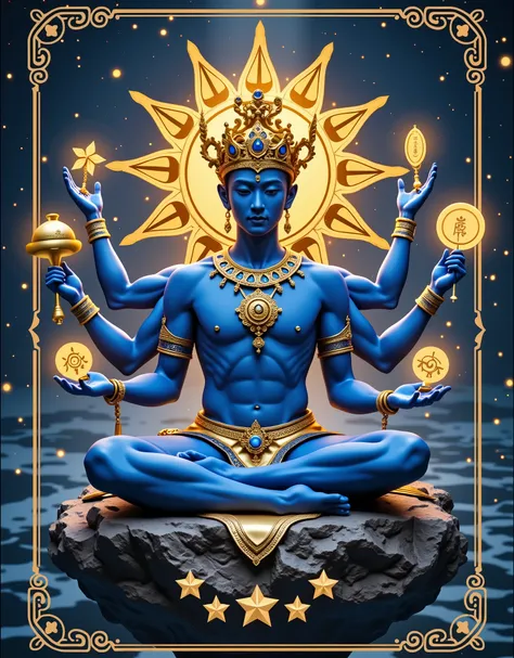 masterpiece, Reality, best quality, Ultra High Resolution, Blue and Gold Duet, Play cards , In the middle of the card is a disc of Asian male gods meditating, young, Handsome, Dark Blue Skin, [Six Arms ,Each hand holds a golden glowing treasure: Hand Ring...
