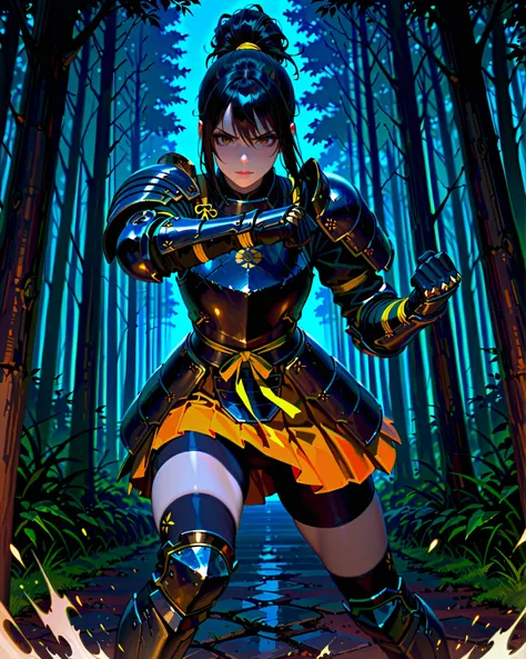 masterpiece, highest quality, 8k, solo, solo focus, highly detailed, (perfect face:1.1), (high detail:1.1), dramatic, gritty, intense, anime character, dynamic fighting pose, 1girl, solo, solo focus, (dark black hair, tied up hairstyle), (wearing black glo...