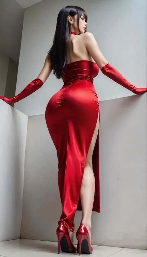high resolution , 32K, masterpiece , best quality , beautiful face and eyes with attention to detail , beautiful Japanese woman from under her feet , Big Breasts,black hair, straight long hair, enchanting smiles,(bright red tube top bodycon long dress:...