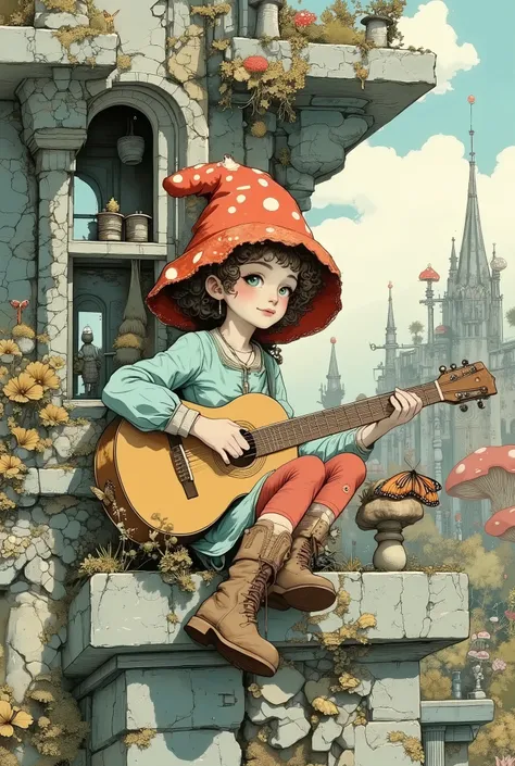 Digital art in the style of "Storybook".A young, thoughtful girl, probably with light brown curly hair, is perched on a rocky ledge of a cliff and playing a small guitar, She has fair skin and expressive light blue eyes, a dreamy look, expressive facial ex...