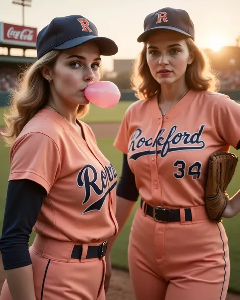 Ultra-detailed 1940s editorial photo of Dottie Hinson and Mae Mordabito (Rockford Peaches) in peach/navy uniforms, standing on a baseball field at golden hour. Only Mae blows a pink bubblegum bubble with a smirk; Dottie smiles subtly, glove on hip. Shot on...