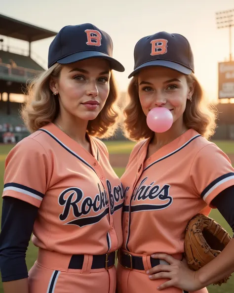 Ultra-detailed 1940s editorial photo of Dottie Hinson and Mae Mordabito (Rockford Peaches) in peach/navy uniforms, standing on a baseball field at golden hour. Only Mae blows a pink bubblegum bubble with a smirk; Dottie smiles subtly, glove on hip. Shot on...