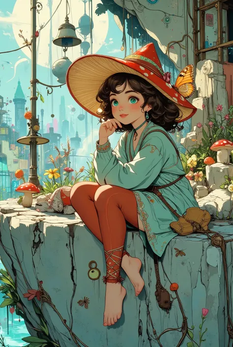 Digital art in the style of "Storybook".A young cheerful girl, probably with light brown curly hair, is perched on a rocky ledge of a cliff and playing a small guitar, She has fair skin and expressive light blue eyes, a dreamy look, expressive facial expre...