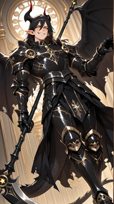 (masterpiece, best quality: 1. 2), highres, 8K, CG, (((Anime))), (1 male), lean body, ((masculine)), (floating in the air), weredragon, japanese anime style, glossy black, shiny black leather, ((beautiful golden eyes, finely detailed eyes, bright eyes, ver...