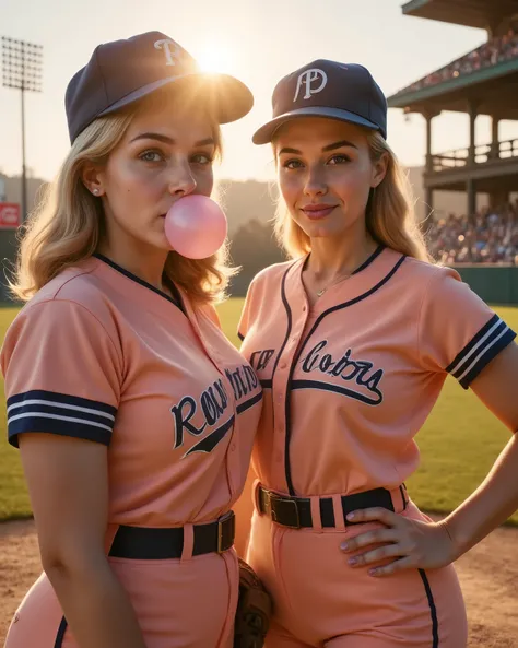 Ultra-detailed 1940s editorial photo of Dottie Hinson and Mae Mordabito (Rockford Peaches) in peach/navy uniforms, standing on a baseball field at golden hour. Mae blows a pink bubblegum bubble with a smirk; Dottie smiles subtly, glove on hip. Shot on a Ha...