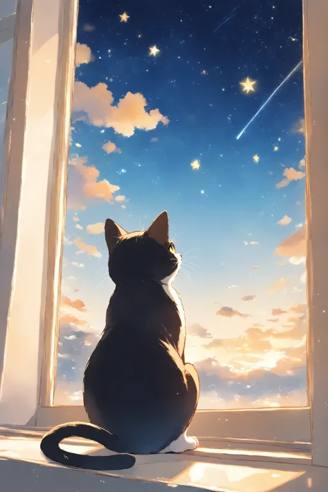(masterpiece:1.2),(best quality),(best quality),(high quality),( surprisingly absurd :1.2),watercolor、thick line drawing 、The gentle touch of the picture、 A scene from the story 、((Dusk and starry sky))、Depiction of the sky and back view of a cat looking u...