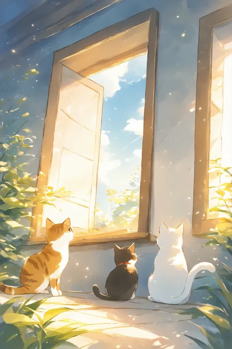 (masterpiece:1.2),(best quality),(best quality),(high quality),( surprisingly absurd :1.2),watercolor、thick line drawing 、The gentle touch of the picture、 A scene from the story 、The Border between Night and Day、Depiction of the sky and back view of a cat ...