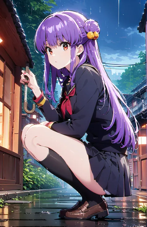 score_9, score_8_up, score_7_up, source_anime,  shampoo, shampoo (Ranma 1/2), long hair, hair ornament seen from the side, Red Eyes, purple hair, hair bun, double bang, Medium breast, Black Sailor Suit, black mini pleated skirt ,Black thigh high socks,loaf...