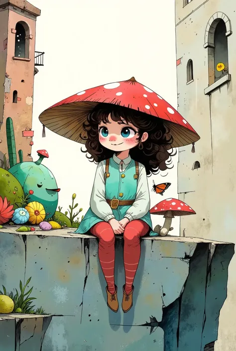 Digital art in the style of "Storybook".A young cheerful girl, probably with light brown curly hair, is perched on a rocky ledge of a cliff and playing a small guitar, She has fair skin and expressive light blue eyes, a dreamy look, expressive facial expre...