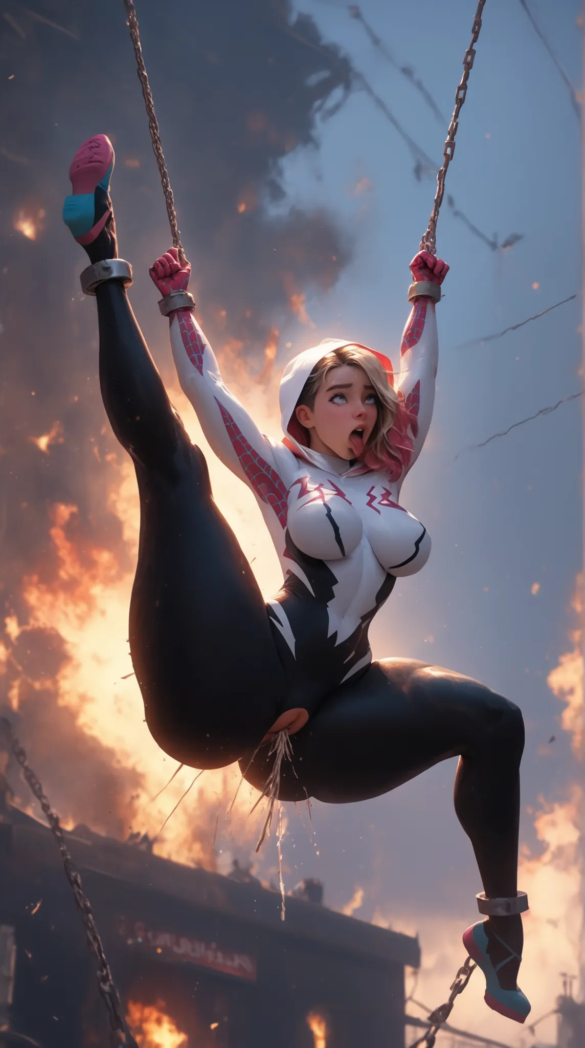 Bondage, burning, sadistic, Spider-gwen swinging on web, spinning a web between floating Barbed iron chains., The chain cut through his body, splitting it in two, beautiful face, ahegao face, baby face, wearing Spider Gwen suit, hourglass body, muscular, s...