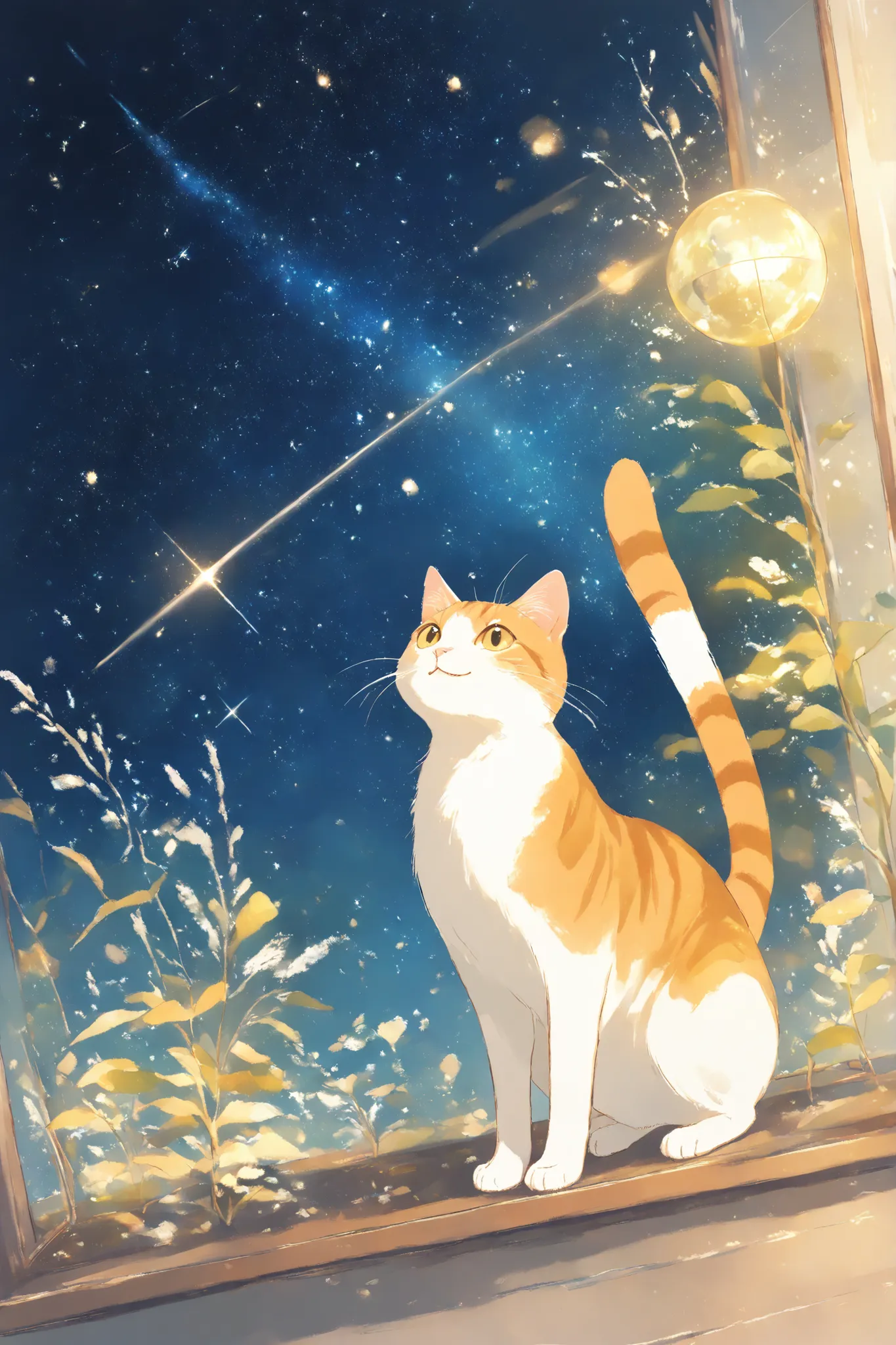 (masterpiece:1.2),(best quality),(best quality),(high quality),( surprisingly absurd :1.2),watercolor、thick line drawing 、The gentle touch of the picture、 A scene from the story 、((Dusk and starry sky))、Depiction of the sky and back view of a cat looking u...