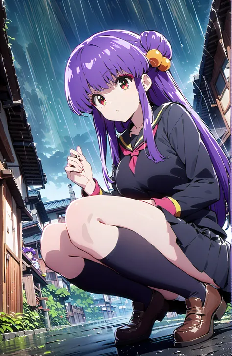 score_9, score_8_up, score_7_up, source_anime,  shampoo, shampoo (Ranma 1/2), long hair, hair ornament seen from the side, Red Eyes, purple hair, hair bun, double bang, Medium breast, Black Sailor Suit, black mini pleated skirt ,Black thigh high socks,loaf...