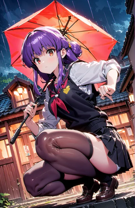score_9, score_8_up, score_7_up, source_anime,  shampoo, shampoo (Ranma 1/2), long hair, hair ornament seen from the side, Red Eyes, purple hair, hair bun, double bang, Medium breast, Black Sailor Suit, black mini pleated skirt ,Black thigh high socks,loaf...