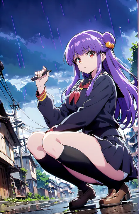 score_9, score_8_up, score_7_up, source_anime,  shampoo, shampoo (Ranma 1/2), long hair, hair ornament seen from the side, Red Eyes, purple hair, hair bun, double bang, Medium breast, Black Sailor Suit, black mini pleated skirt ,Black thigh high socks,loaf...
