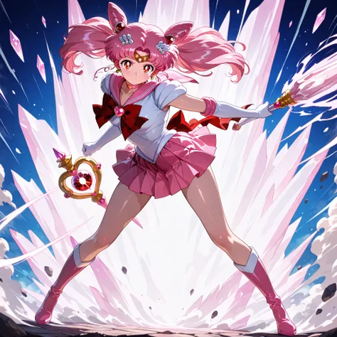 masterpiece,best quality,amazing quality, aacusa, short hair, pink hair, cone hair bun, twintails, hairpin, circlet, earrings, red eyes, pink choker, pink sailor collar, red bowtie, white shirt, elbow gloves, white gloves, pleated skirt, pink skirt, pink b...