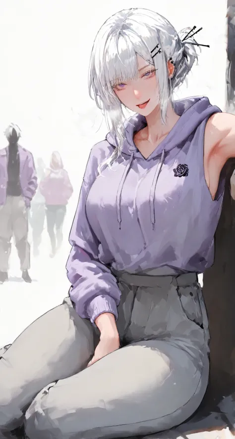 1 girl,hairpin hairstyle,White hair, Cold, dark face , high detail, conceptual art, page is super detailed, high details, high quality, best quality, Dark Purple Eyes, White hair, beautiful, tall, emotionless, dark face ,{Hairpin Hairstyle} , wea...