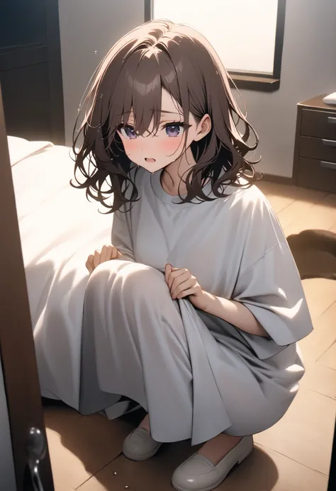 medium hair、Gently wavy hair、 sink、oversized shirt(color: navy、 stripe pattern )、 Hair、squatting、Private room、wet hair、A plush bear is placed on the desk、pink and white plaid bedspread