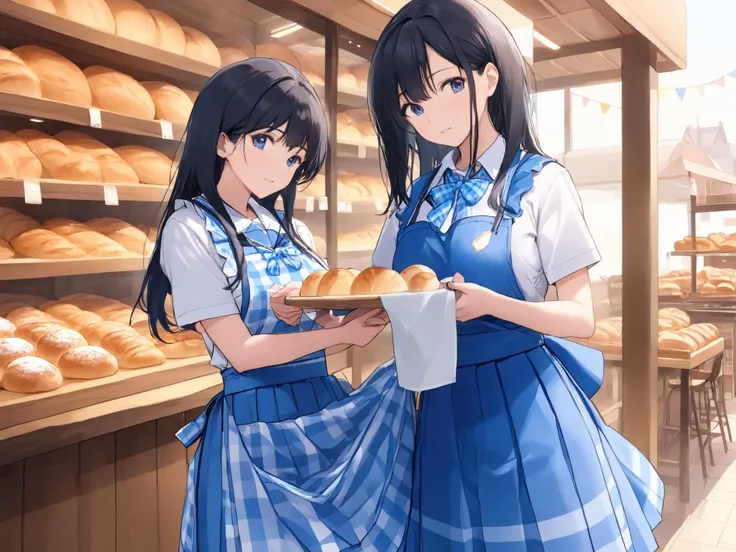 ((((masterpiece)))), high quality, very_high_resolution, large_filesize, full color,Japanese、full,body,black hair, long hair,((巨乳、熟女,mother,ground mother,bra,たくし上げ)),(((kobeya uniform , blue skirt , blue neckwear , gingham apron , Bakery , )))