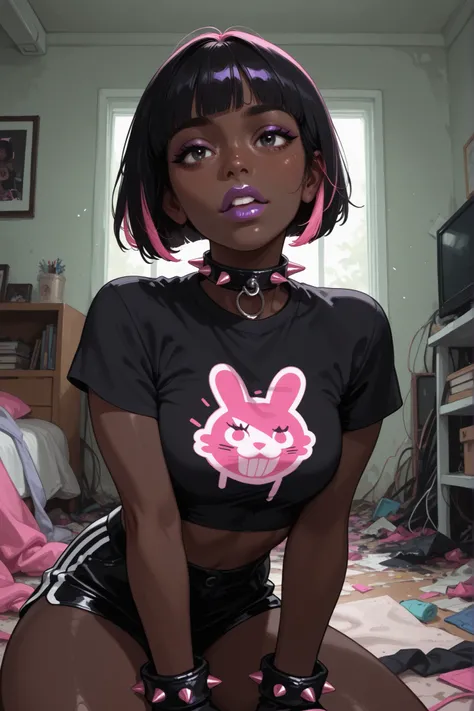 1girl, very dark skin, black hair, neon pink highlights, bobcut, spiked collar, black crop top, short sleeves, neon pink fingerless gloves, purple lips, indoors, messy room