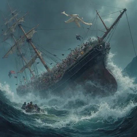 A middle ship carrying a large number of people is sinking in the typhoon.