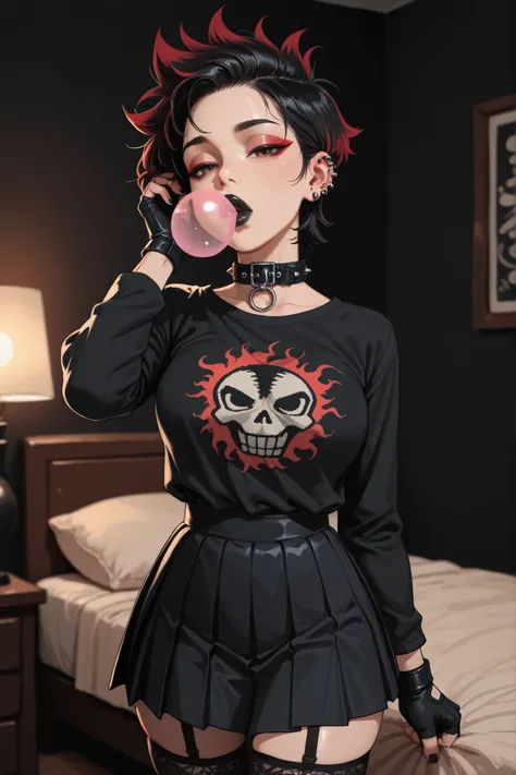 1girl, blowing gum, looking at viewer, hand in hair, black hair, short hair, spiky hair, red highlights, black print shirt, long sleeves, fingerless gloves, half closed eyes, black lips, eyeliner, brown eyes, black colored bedroom, fair skin, breasts, coll...