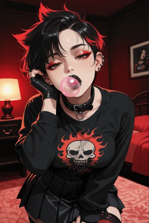 1girl, blowing gum, looking at viewer, hand in hair, black hair, short hair, spiky hair, bright red highlights, black print shirt, long sleeves, fingerless gloves, half closed eyes, black lips, eyeliner, brown eyes, black colored bedroom, fair skin, breast...