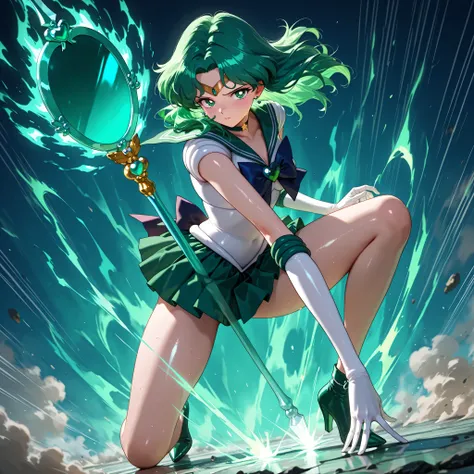 masterpiece,best quality,amazing quality, michiru kaiou, green eyes, forehead jewel, green hair, medium hair, tiara,brooch, choker, gloves, heart, heart brooch, jewelry, magical girl, sailor senshi uniform, skirt, star choker, white gloves, bow, green bow,...