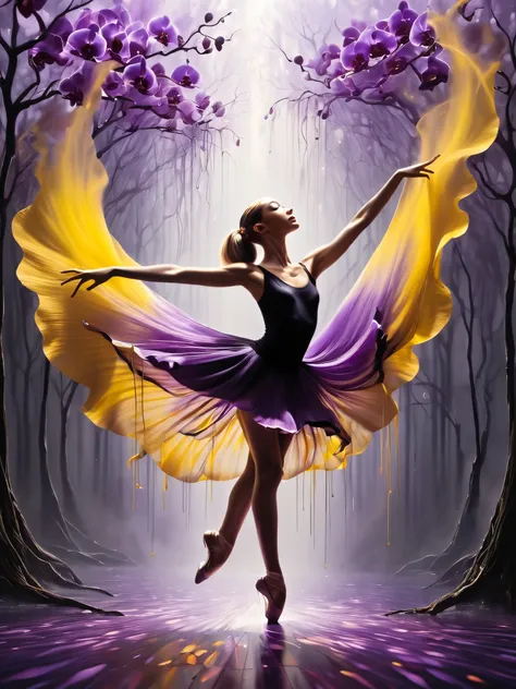 Hyper-realistic airbrushed drawing in the style of Marc Allante and Alan Aldridge, a black and purple orchid transitioning into a girl with a mystical double exposure, strands of her hair transforming into delicate leaves and petals that flutter with the m...