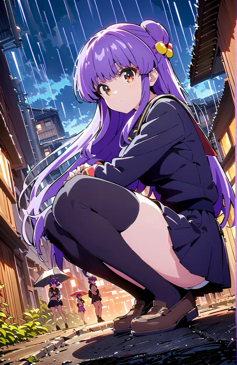 score_9, score_8_up, score_7_up, source_anime,  shampoo, shampoo (Ranma 1/2), long hair, hair ornament seen from the side, Red Eyes, purple hair, hair bun, double bang, Medium breast, Black Sailor Suit, black mini pleated skirt ,Black thigh high socks,loaf...