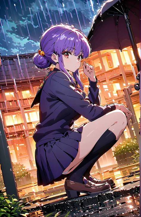 score_9, score_8_up, score_7_up, source_anime,  shampoo, shampoo (Ranma 1/2), long hair, hair ornament seen from the side, Red Eyes, purple hair, hair bun, double bang, Medium breast, Black Sailor Suit, black mini pleated skirt ,Black thigh high socks,loaf...