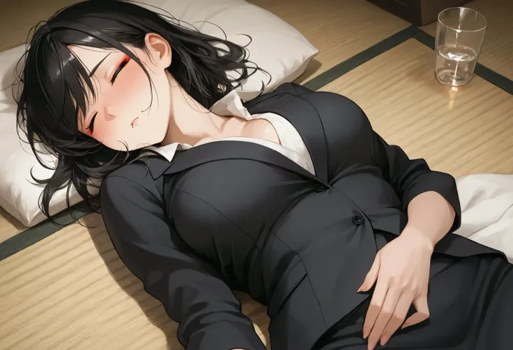 1girl, very cute face, cute girl, solo, short black hair, shiny hair, side-swept bangs, natural makeup, beautiful, cute, office lady, business skirt suit, completely drunk, passed out, lying on back on tatami floor, izakaya, sleeping pose, messy posture, f...