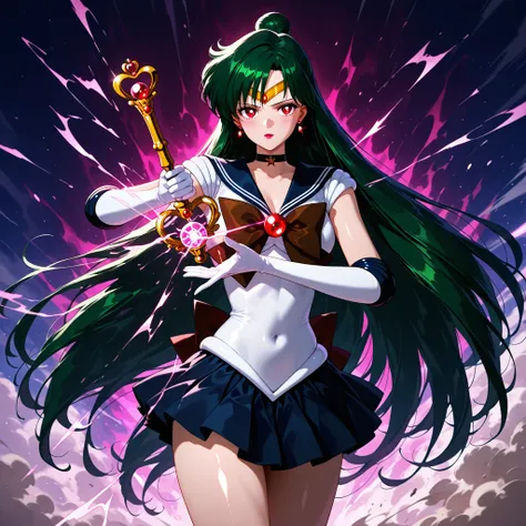 masterpiece,best quality,amazing quality, setsuna meiou, long hair, red eyes, very long hair, green hair, hair bun, single hair bun, maeup, lipstick, skirt, gloves, bow, jewelry, pleated skirt, earrings, choker, elbow gloves, white gloves, black skirt, sai...