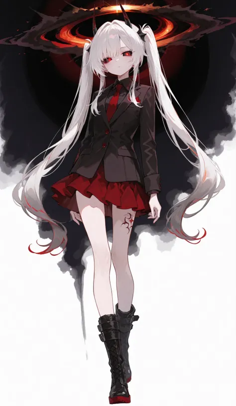 one girl, Twintails, White hair, devil horns, slim body, black sclera Red eyes, skirt, Suit, Tattoo, Black hole background seen behind, Character Design, Full body view, boots, white background