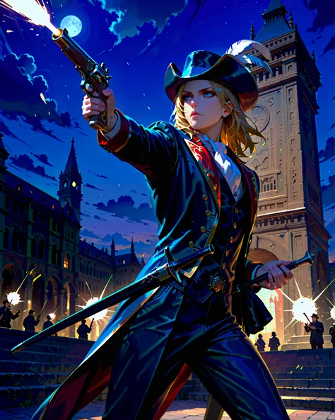 masterpiece, highest quality, 8k, solo, solo focus, highly detailed, 1boy, mature man, solo, solo focus, male focus, dynamic action pose, handsome french male, musketeer, gentleman, holding weapon, cybernetic limbs, firing a flintlock pistol, muzzle flash,...