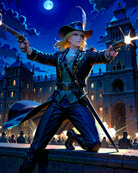 masterpiece, highest quality, 8k, solo, solo focus, highly detailed, 1boy, mature man, solo, solo focus, male focus, dynamic action pose, handsome french male, musketeer, gentleman, holding weapon, cybernetic limbs, firing a flintlock pistol, muzzle flash,...