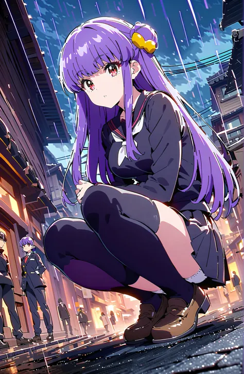 score_9, score_8_up, score_7_up, source_anime,  shampoo, shampoo (Ranma 1/2), long hair, hair ornament seen from the side, Red Eyes, purple hair, hair bun, double bang, Medium breast, Black Sailor Suit, black mini pleated skirt ,Black thigh high socks,loaf...