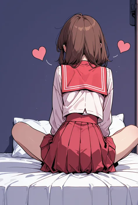 red sailor suit pleated skirt high school girl Sitting cross-legged heart Brown Hair Facing away Hide your butt with a skirt on bed night dim